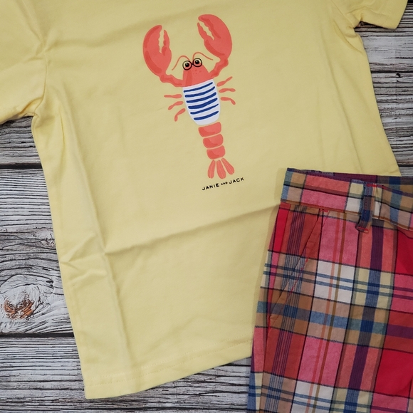 Janie and Jack Lobster Print T-Shirt and Plaid Shorts Outfit NWT - Picture 4 of 10